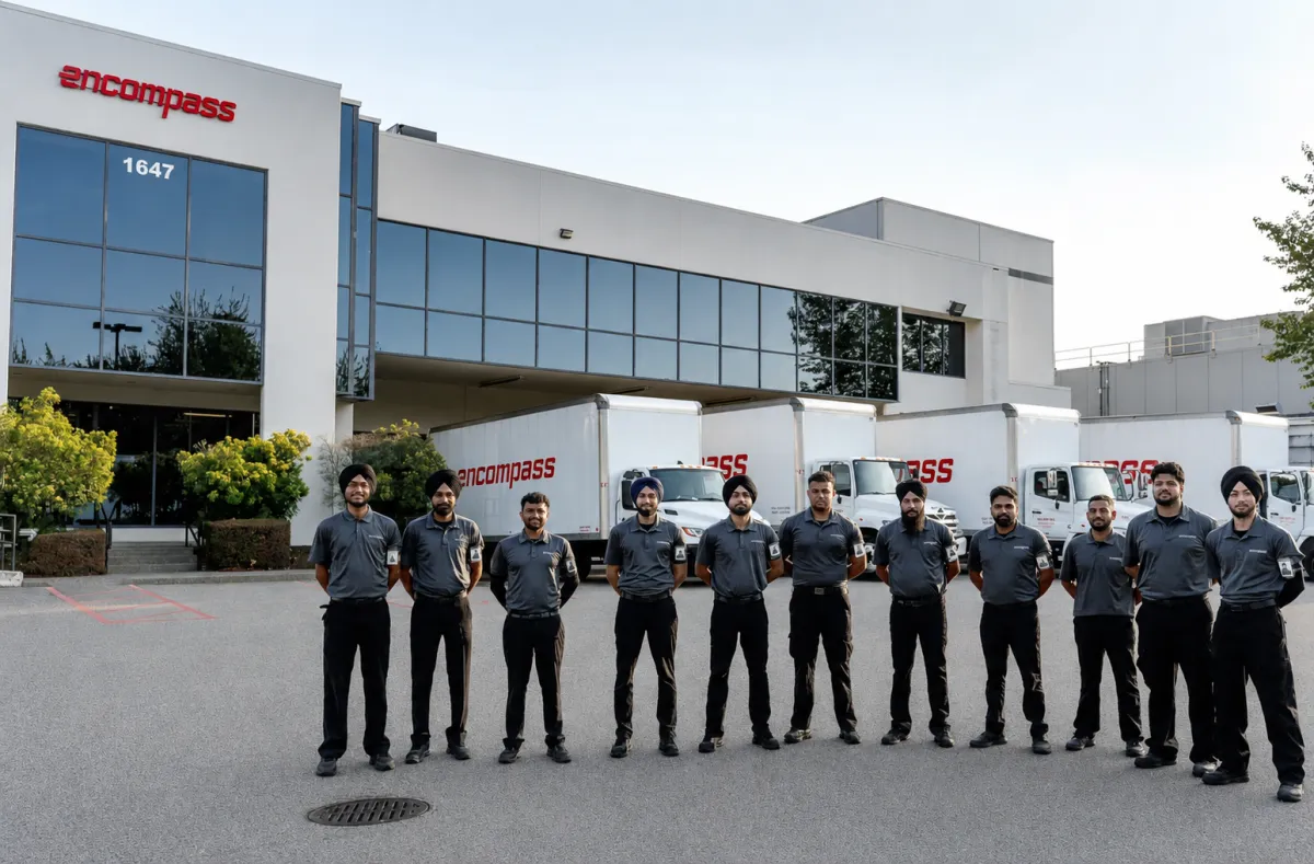 Encompass Logistics team and delivery trucks